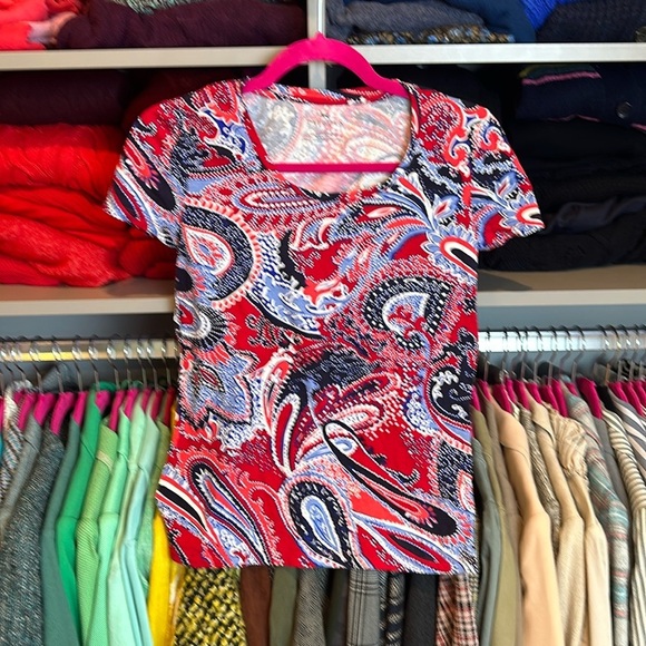 Talbots red/blue/white paisley print short sleeve scoop neck top size XS​ - Picture 1 of 3
